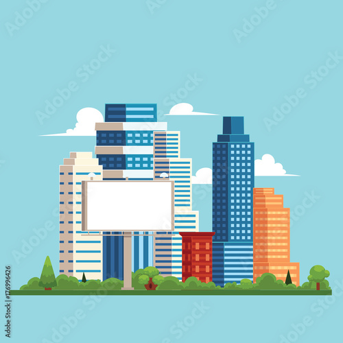 vector flat cartoon cityscape with different buildings and billboard. Skyscrapers, office centers shopping mall and city apartments houses. Illustration on light blue background