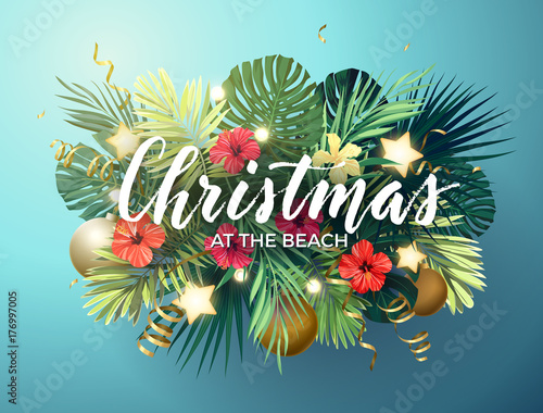 Christmas on the summer beach design with monstera palm leaves, hibiscus flowers, xmas balls and gold glowing stars, vector illustration.