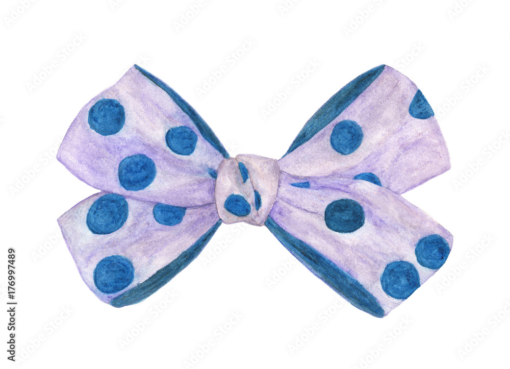 Blue polka dots gift bow isolated on white background. Watercolor illustration Blue polka dots gift bow isolated on white background. Watercolor illustration