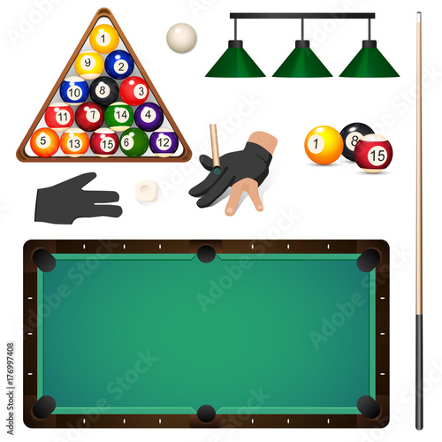 Set of pool, billiard, snooker objects – table, cue, balls, triangle rack, glove, chalk light, vector illustration isolated on white background. Vector set of pool, billiard, snooker game objects