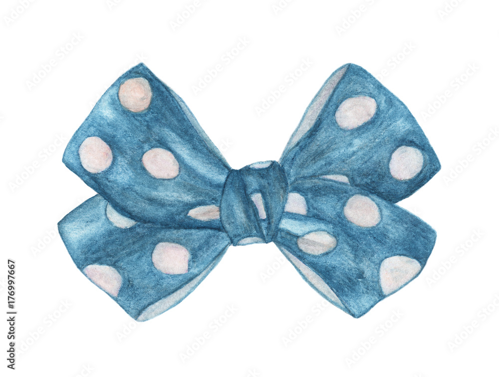 Blue polka dots gift bow isolated on white background. Watercolor illustration Blue polka dots gift bow isolated on white background. Watercolor illustration
