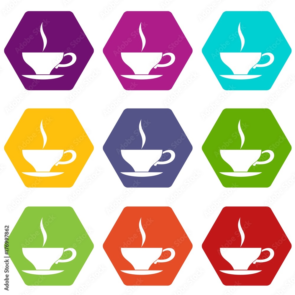 Cup of tea icon set color hexahedron