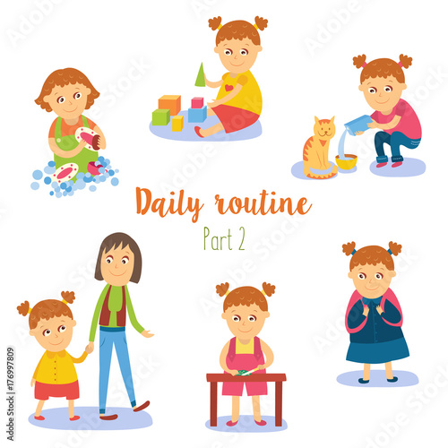 vector flat girl kid doing everyday routine activity set. Child washing dishes ,playing with cubics, walking with mother, feeding cat, going to school . Isolated illustration on a white background.
