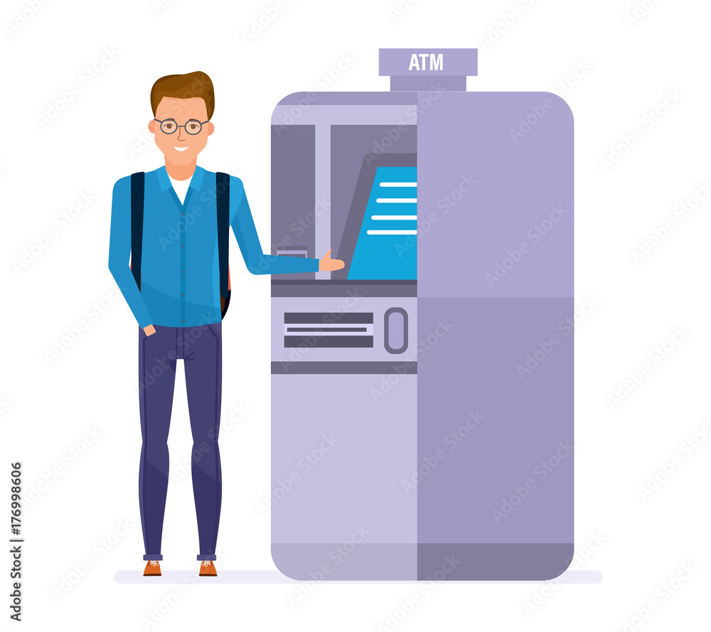 Student, customer, client banking company, uses services of atm terminal. Student, customer, client banking company, uses services of atm terminal.