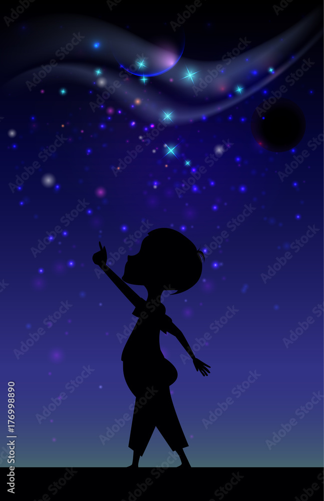Vector illustration. nigh sky background with glowing stars and boy's silhouette.