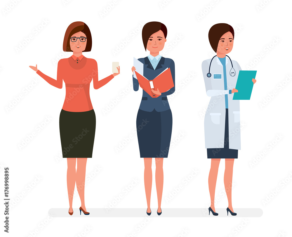 Various modern women's professions. Teacher, businesswoman, hospital doctor. Various modern women's professions. Teacher, businesswoman, hospital doctor.