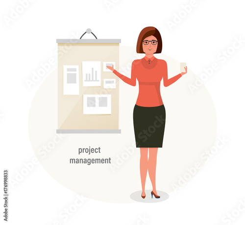 Girl, office worker, engaged in project management, control over projects.