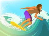 Cartoon character with surfboard. Vector illustration.