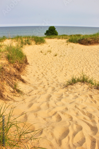 Kohler-Andrae State Park. Summer landscape with foot printed sand dunes lead to the lake Michigan beach. Nature of Wisconsin background. Travel midwest USA.