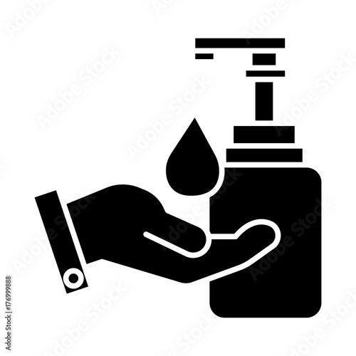 liquid soap with hand icon, illustration, vector sign on isolated background