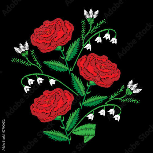 Bouquet with red rose and lily of the valley embroidery stitches imitation