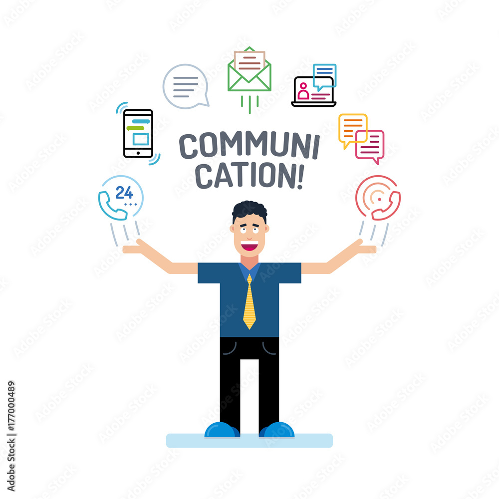 a business man character in blue tees and tie with his hands up. communication Icons are arranged in a semicircle above the head a business man character in blue tees and tie with his hands up. communication Icons are arranged in a semicircle above the head