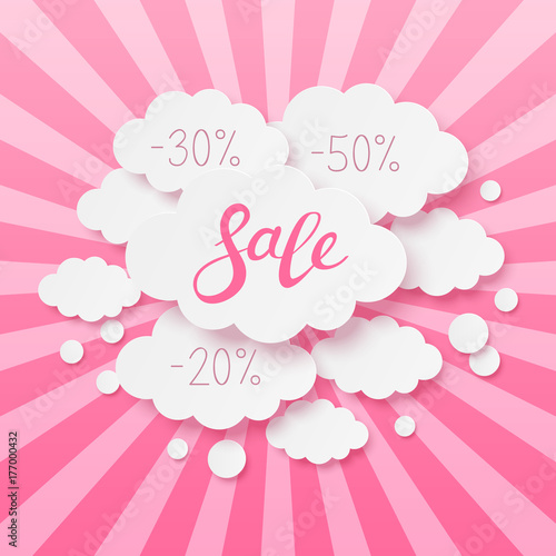 Paper clouds with sale message on pink background