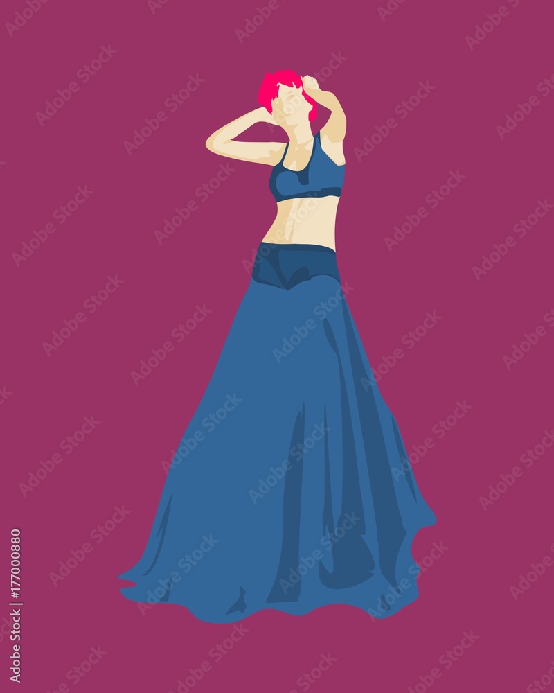 Sexy woman silhouette in blue evening dress. Girl rise her hands to head