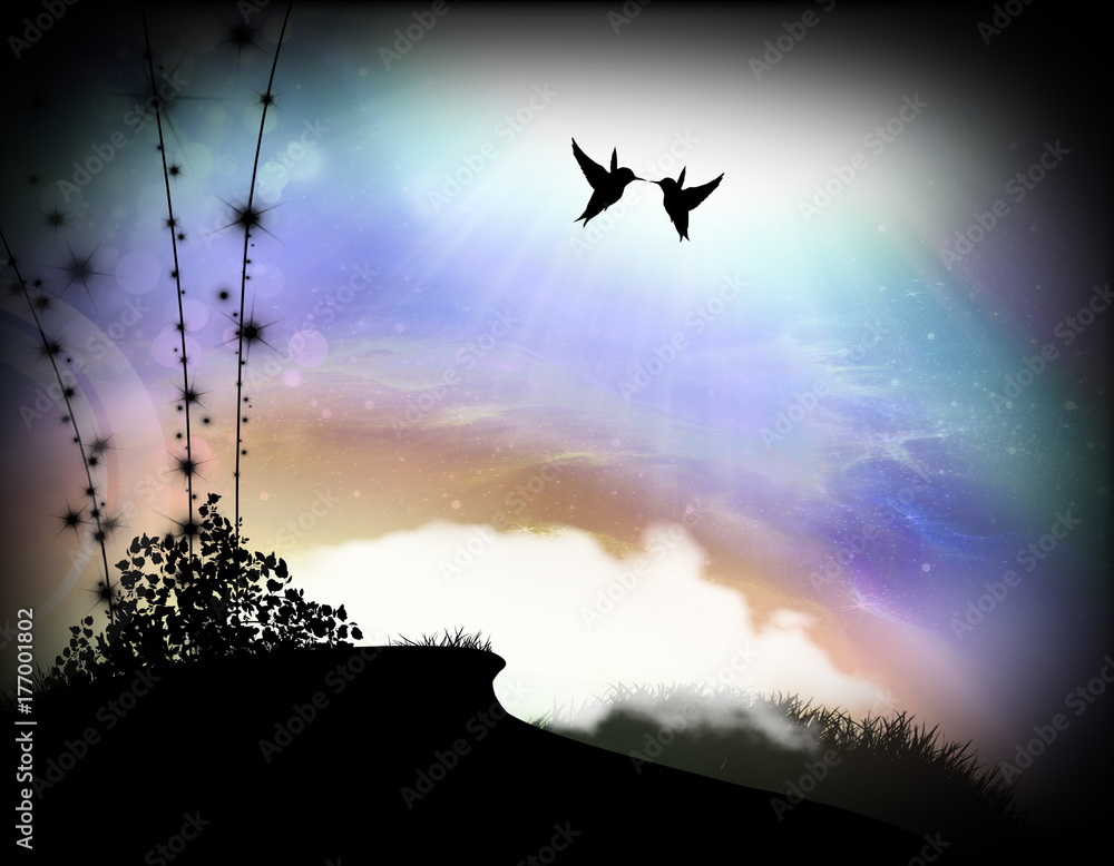 Obraz premium Birds Couple cartoon characters in the real world silhouette art photo manipulation