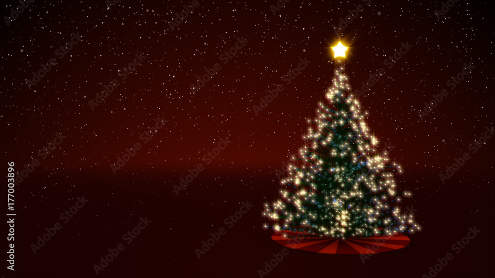 3d illustration of a glowing decorated Christmas tree with snow and a red festive background