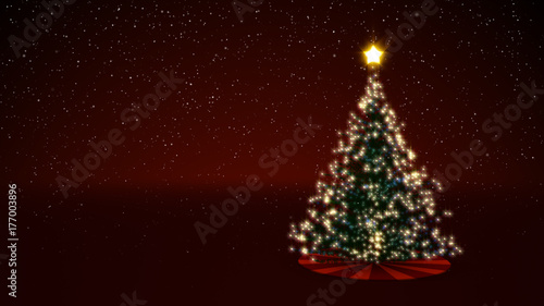 3d illustration of a glowing decorated Christmas tree with snow and a red festive background © flashmovie