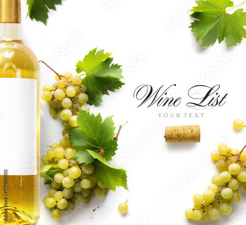 wine list background; sweet white grapes and wine bottle