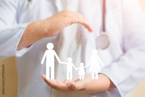 Doctor care of family , medical health insurance concept