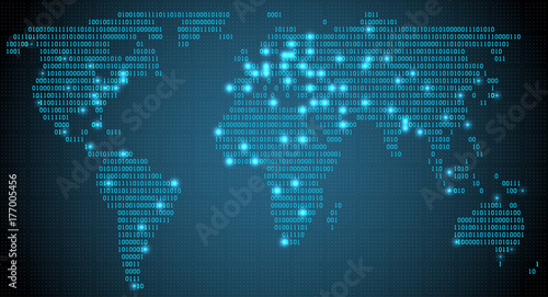 Abstract world map with digital binary continents, glowing cities, well organized layers