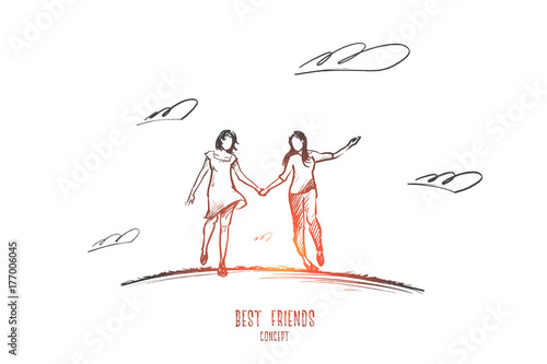 Best friends concept. Hand drawn young women are having fun outdoor. Friendship between girls isolated vector illustration.