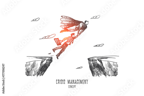 Crisis management concept. Hand drawn saving businessman from the crisis. Superhero helps businessman to solve the problem isolated vector illustration.