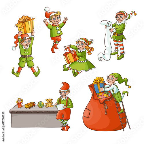 vector flat cartoon hand drawn christmas elves scenes set. boys, girls characters in santa hats, stockings doing routine holiday job with presents. Isolated illustration on a white background