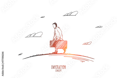 Emigration concept. Hand drawn man with suitcases emigrates. Person leaving his country isolated vector illustration.