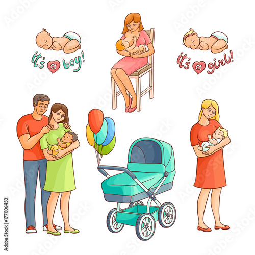 vector flat cartoon newborn baby symbols set. Couple with baby, nursing, breast feeding mother, stroller with air balloons and boy and girl toddlers. Isolated illustration on a white background.