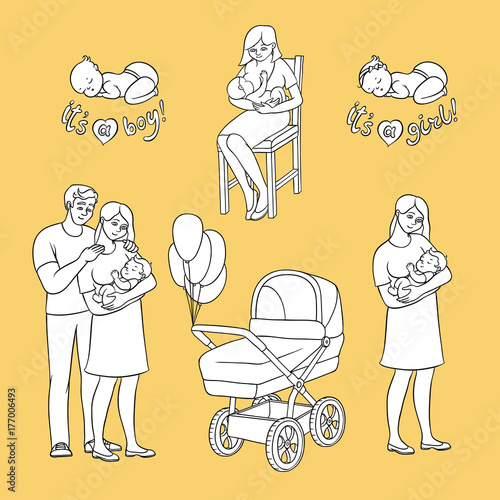 vector flat newborn baby symbols set. Couple with baby, nursing, breast feeding mother, stroller with air balloons ,boy and girl toddlers. Isolated illustration on a white background for coloring book