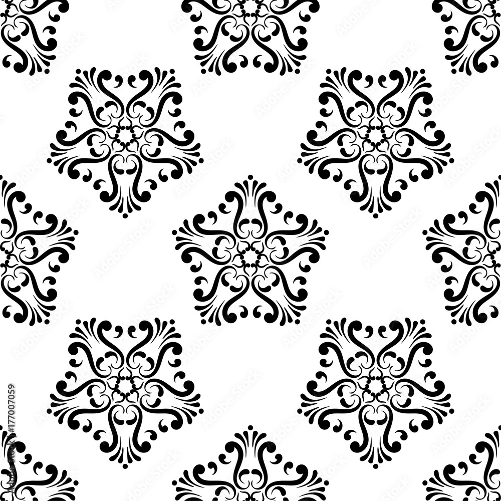 Black floral seamless design on white background