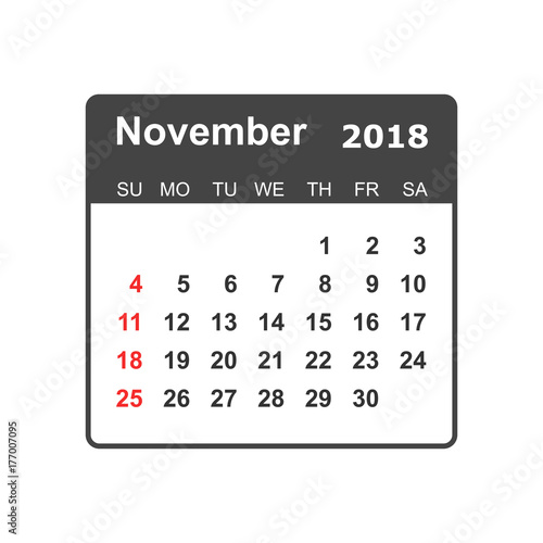 November 2018 calendar. Calendar planner design template. Week starts on Sunday. Business vector illustration.