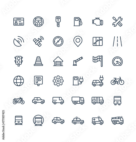 Vector thin line icons set and graphic design elements. Illustration with transport, navigation outline symbols. Driver license, wheel, gas station, road service, GPS, traffic light linear pictogram