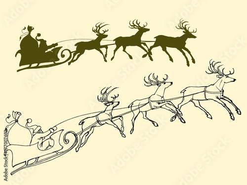 Santa's sleigh of deers, outline and silhouette design elements