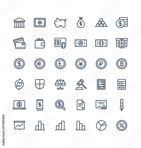Vector thin line icons set and graphic design elements. Illustration with banking and finance outline symbols. Bank, card, wallet, coin, safe, money bag, cash, dollar, euro, bitcoin linear pictogram