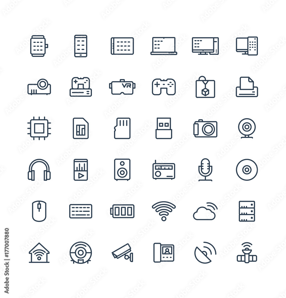 Vector thin line icons set and graphic design elements. Illustration with digital and wireless technology outline symbols. Smart phone, laptop, tablet, pc, virtual reality, 3d print linear pictogram