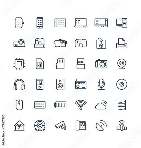 Vector thin line icons set and graphic design elements. Illustration with digital and wireless technology outline symbols. Smart phone, laptop, tablet, pc, virtual reality, 3d print linear pictogram