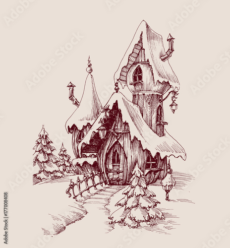 Snow castle drawing, fantasy house