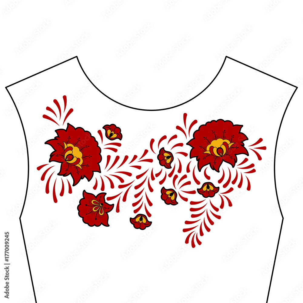 Neck flower embroidery pattern vector. Folk craft floral ornament print  isolated on white background. Ethnic patch design for ornate top blouse  collar, fashion textile necklace, woman dress fabric. Stock Vector | Adobe