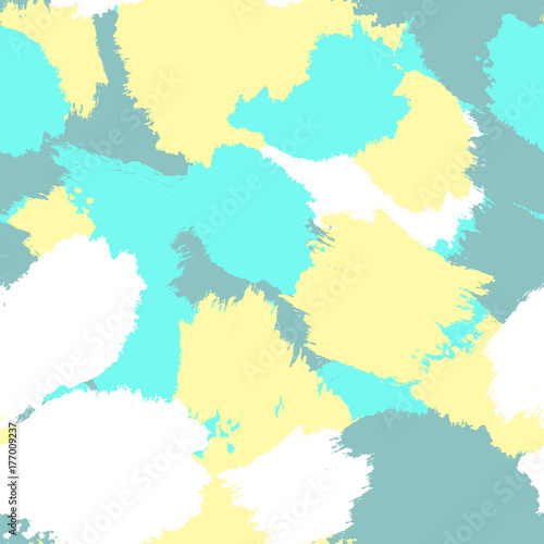 Seamless pattern with colored brush strokes of a watercolor brush. Grunge, sketch, paint. Blue, yellow, white, turquoise colour.