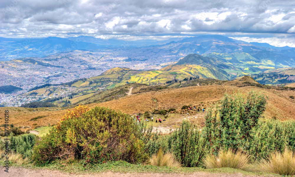 View of the city of Quito and the ecuadorian Andes from the Teleferico touristic attraction, at the top of the Pichincha volcano. Quito, Ecuador.
