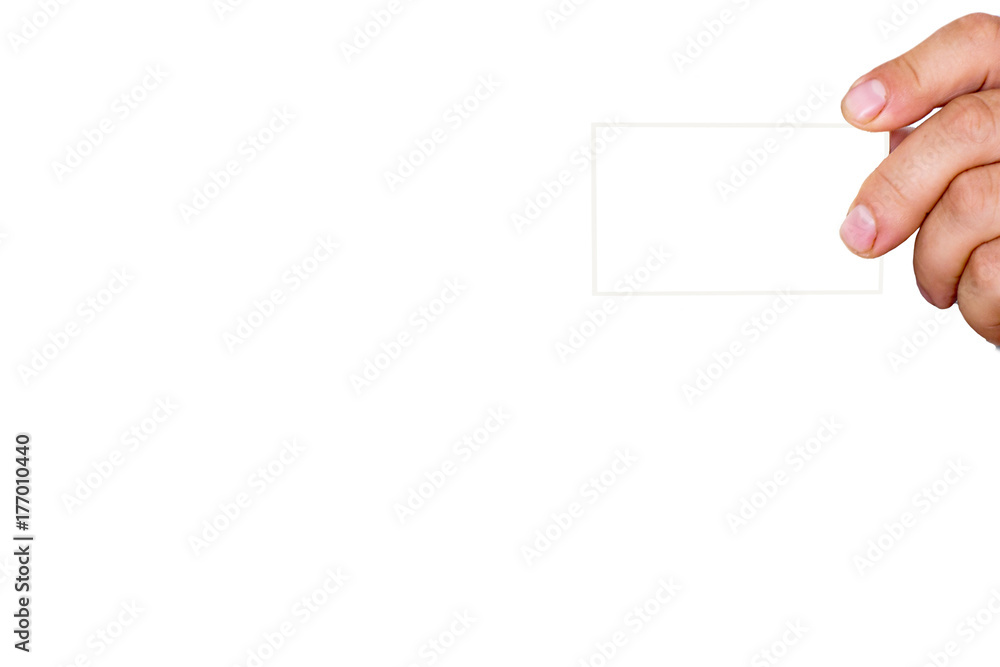 Man's hand holds a card. Isolated on a white background. Copy space Man's hand holds a card. Isolated on a white background. Copy space