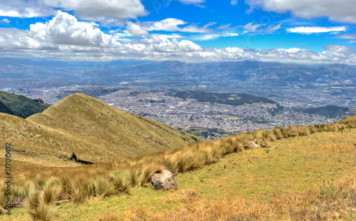 View of the city of Quito and the ecuadorian Andes from the Teleferico touristic attraction, at the top of the Pichincha volcano. Quito, Ecuador.