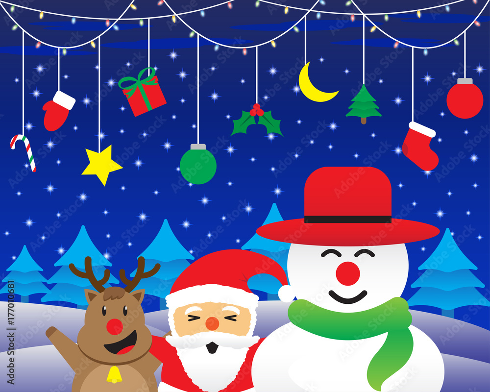 Merry Christmas - Happy Three Friends And Christmas Lights And Hanging Stuffs Merry Christmas - Happy Three Friends And Christmas Lights And Hanging Stuffs