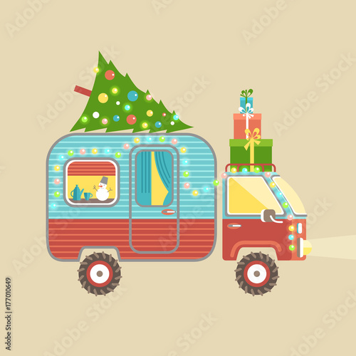 Mobile recreation. House on wheels. Transport trailer vector wit