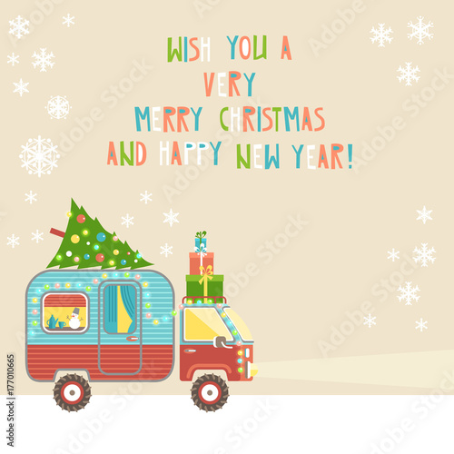 Vector background, merry christmas and happy new year text. Hous © dinkoobraz