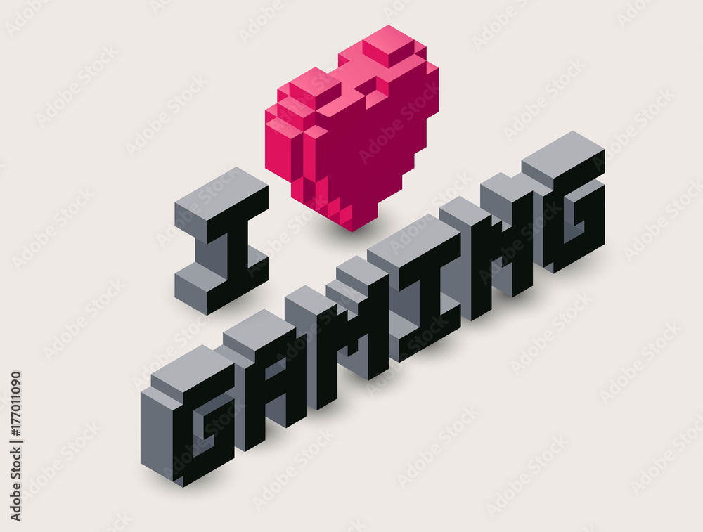 Vector 3d gaming pixel icon.Vector isometric heart illustration, with text: I love gaming. Vector 3d gaming pixel icon.Vector isometric heart illustration, with text: I love gaming.