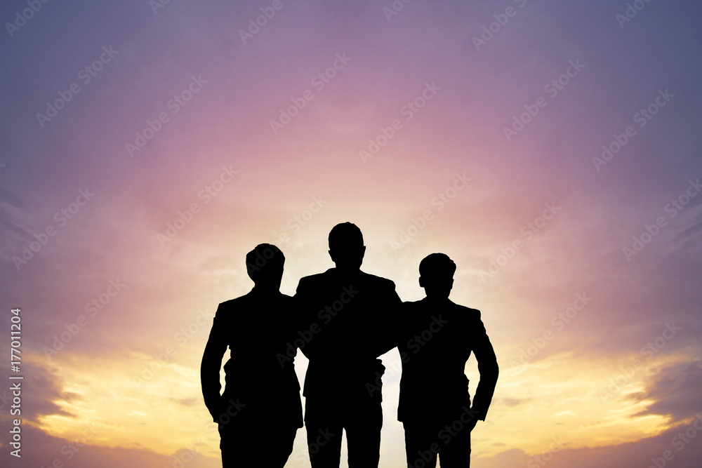 Teamwork, target and success concept, silhouette people standing and looking forward to business target in future