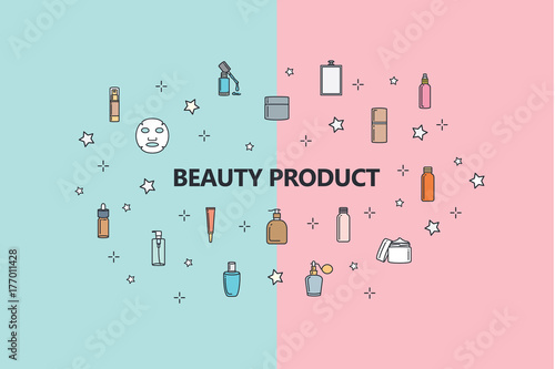 Many Beauty product and Accessories around "Beauty Product" word on half color background. Illustration about skin care.