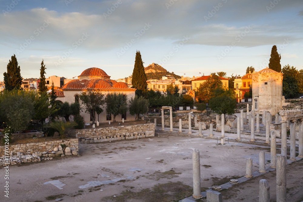 Remains of Roman Agora in the old town of Athens, Greece. 